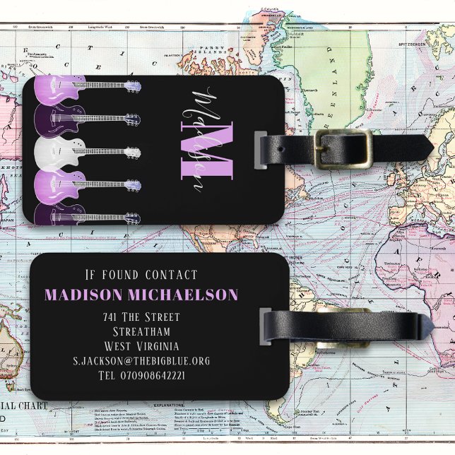 Étiquette À Bagage Stylo guitare rose et noir (Stylish guitar pink and black monogram custom luggage tag for guitarists musicians and music lovers)