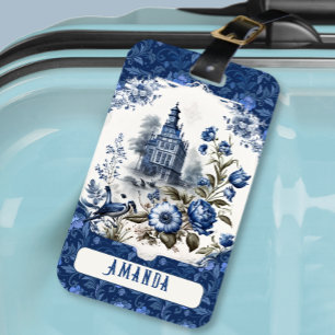 Étiquette À Bagage Superbe château floral Bleu toile de jouy monogram