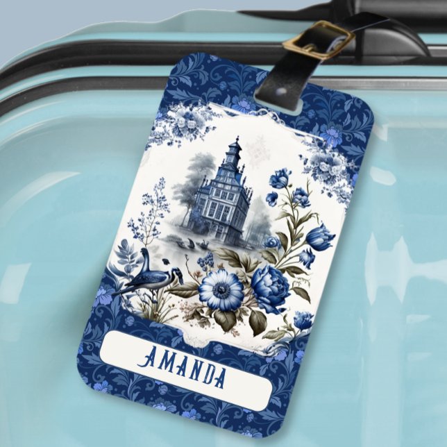 Étiquette À Bagage Superbe château floral Bleu toile de jouy monogram (Créateur téléchargé)