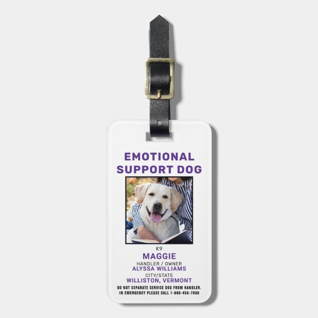 Étiquette À Bagage Support émotionnel personnalisé Chien Photo ID Bad (Devant Vertical)