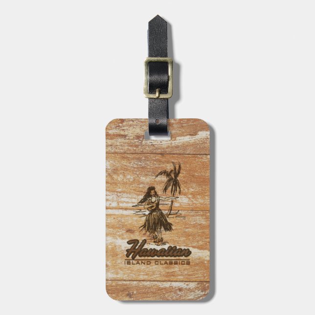 Étiquette À Bagage Surf Shack Hawaiian Hula Girl Faux Wood (Devant Vertical)