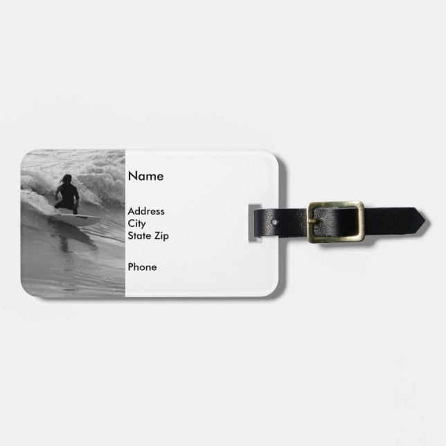 Étiquette À Bagage Surfer En Niveaux De Gris Des Vagues (Devant horizontal)