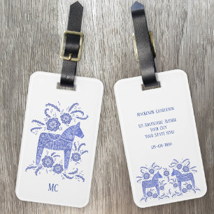 Étiquette À Bagage Swedish Dala Horse Folk Art Blue & White Custom