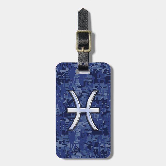 Étiquette À Bagage Symbole Zodiaque Pisces sur Camo numérique bleu ma (Devant Vertical)