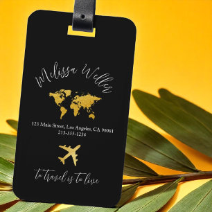 Étiquette À Bagage Tag de voyage avec Gold Map et Plane sur Black