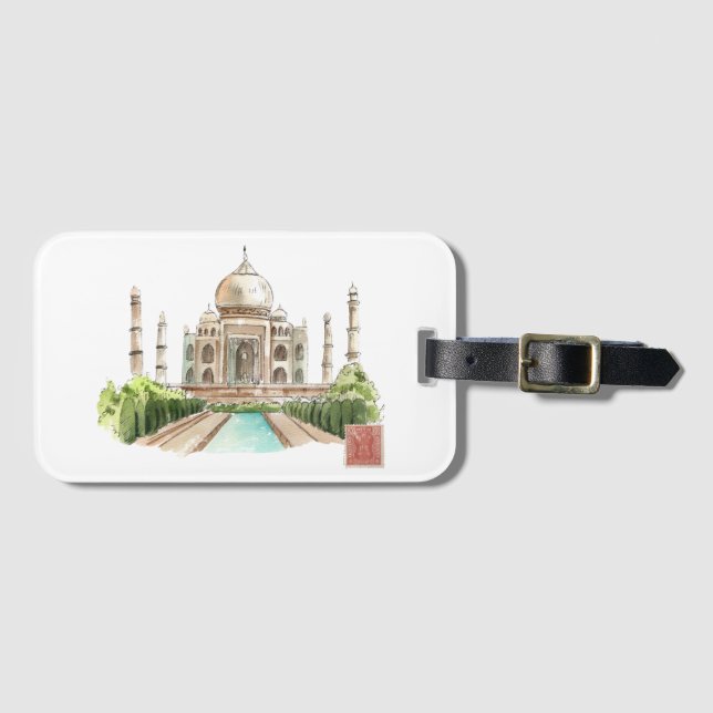Étiquette À Bagage Taj Mahal Aquarelle Art Imprimer Décor Indien Icon (Devant Horizontal)