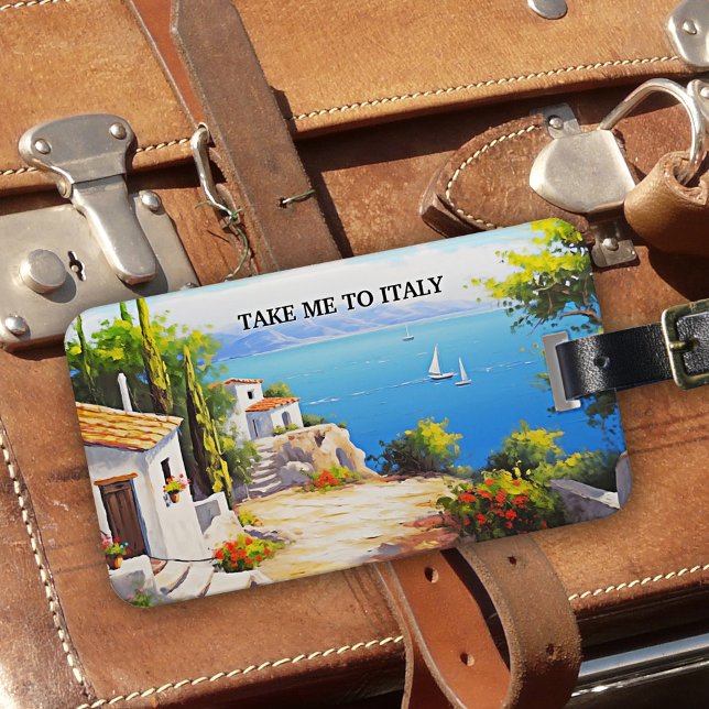 Étiquette À Bagage Take Me To Italy Fine Art (Luggage tag with a modern art painting showing a coastal Italian landscape on a beautiful sunny day)