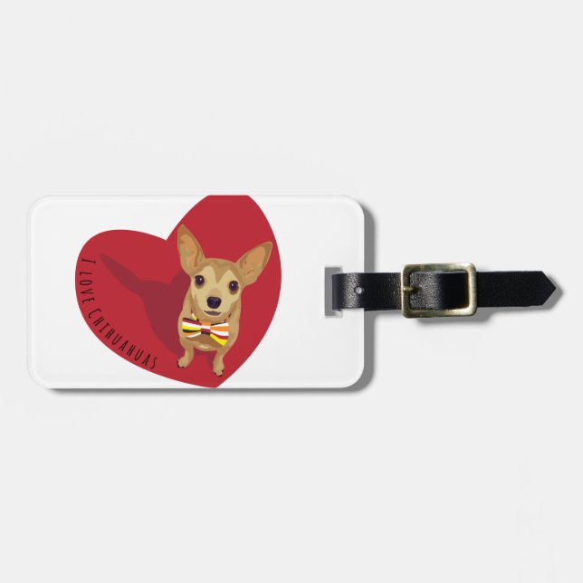 Étiquette À Bagage Tan Chihuahua avec cravate arc dans un coeur rouge (Devant horizontal)