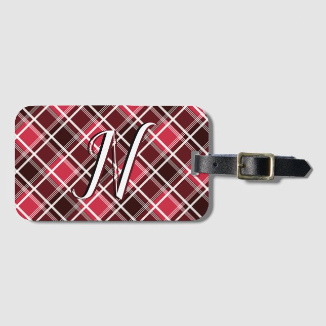 Étiquette À Bagage Tartan classique Plaid Red Black Monogramme person (Devant Horizontal)
