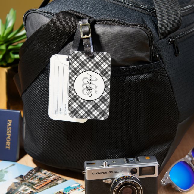 Étiquette À Bagage Tartan motif Noël noir blanc Monogramme (Recto & Verso)