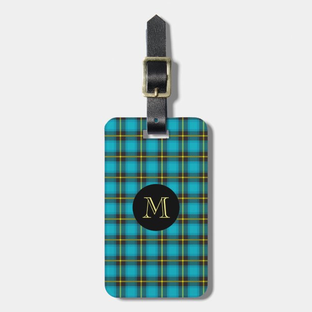 Étiquette À Bagage Tartan Plaid Bleu Noir Jaune Monogramme tendance (Devant Vertical)