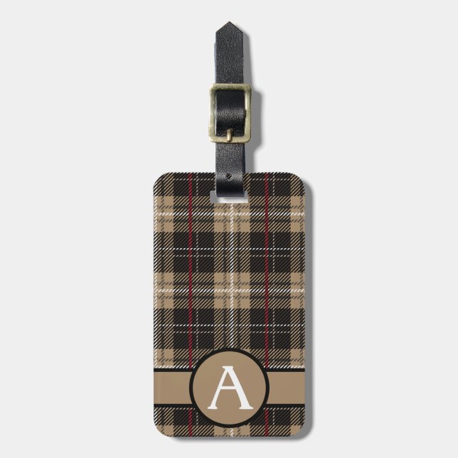 Étiquette À Bagage Tartan rouge noir et tan tressé Personnaliser (Devant Vertical)