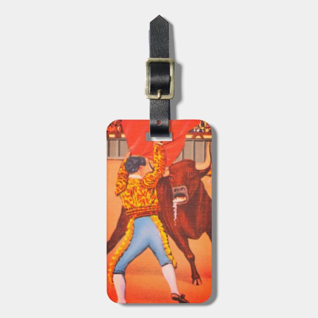 Étiquette À Bagage Taureaux Mexique Matador avec Red Cape, Juarez (Devant Vertical)