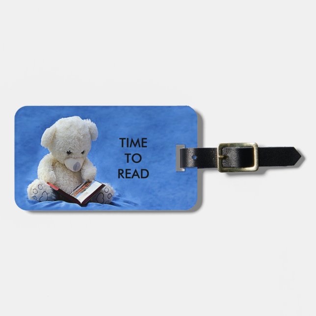 Étiquette À Bagage Teddy Bear Time to Read Blue Stuffed Animal, ZKOA (Devant horizontal)