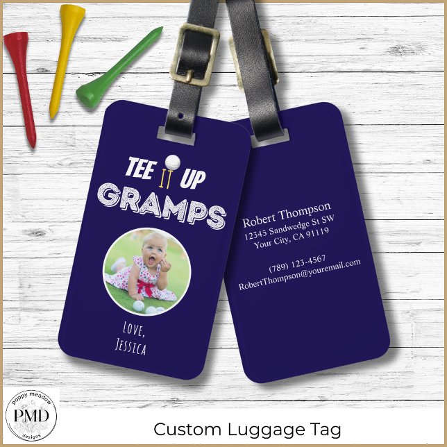 Étiquette À Bagage Tee It Up Gramps Fête des pères photo personnalisé (Tee It Up Gramps Custom Photo Blue Golf Luggage Tag with Child or Pet Photo, Name, Contact Info.)