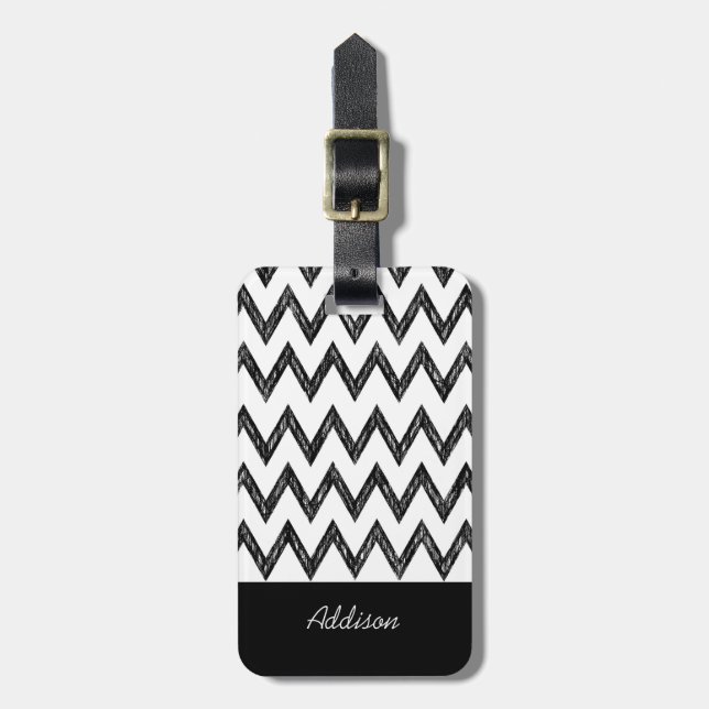 Étiquette À Bagage Tendance crayon noir et blanc Chevron avec nom (Devant Vertical)