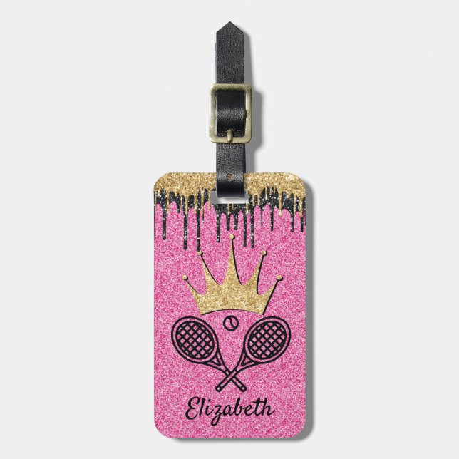 Étiquette À Bagage Tennis Queen Pink Parties scintillant Sparkle Nom  (Devant Vertical)