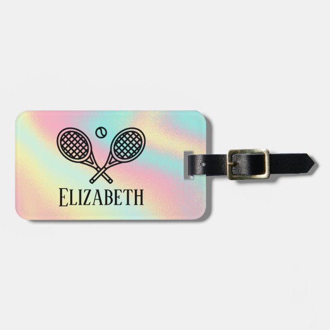 Étiquette À Bagage Tennis Thème Rose Moderne Rétro Monogramme Nom (Devant horizontal)