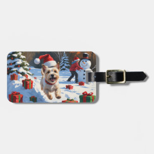 Étiquette À Bagage Terrier Cairn courant dans la neige avec un chapea