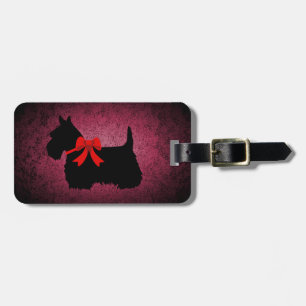 Étiquette À Bagage Terrier écossais, silhouette, noeud, granite rose