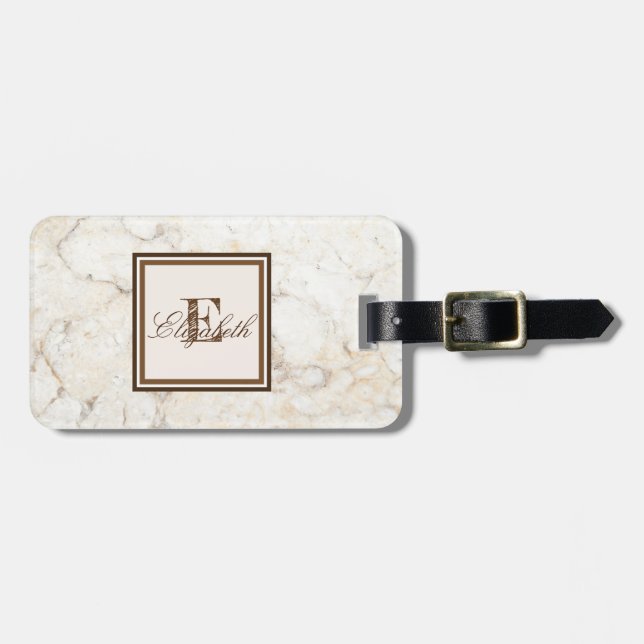 Étiquette À Bagage Texture cool en marbre, Monogramme personnalisé (Devant horizontal)