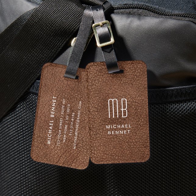 Étiquette À Bagage Texture de faux cuir marron moderne monogramme (Monogram Modern Brown Faux Leather Texture Luggage Tag)