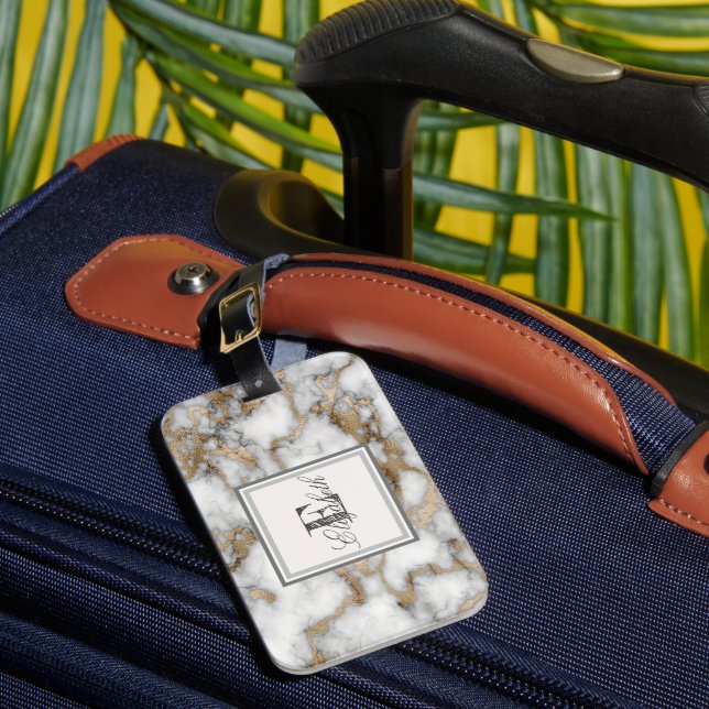 Étiquette À Bagage Texture de marbre blanc à pierre fraîche, monogram (Insitu Rectoal 1)