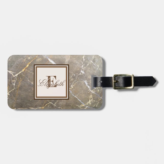 Étiquette À Bagage Texture de marbre Brown cool, Monogramme personnal (Devant horizontal)
