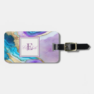 Étiquette À Bagage Texture de marbre violet bleu cool, monogramme