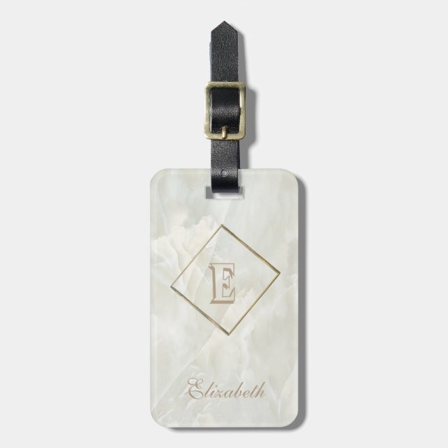 Étiquette À Bagage Texture Marbre blanc tendance, Monogramme personna (Devant Vertical)