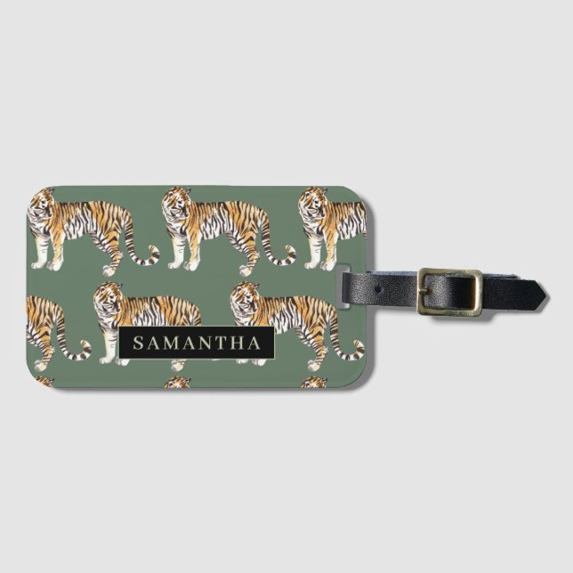 Étiquette À Bagage Tigres d'aquarelle verte tropicale Motif avec nom (Devant Horizontal)