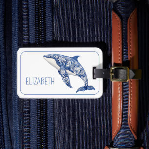 Étiquette À Bagage Toile Bleue Plage Florale Dauphin Personnalisé