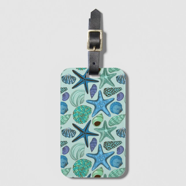 Étiquette À Bagage Tons De Coquillages Bleus Et Motif D'Étoile (Devant Vertical)