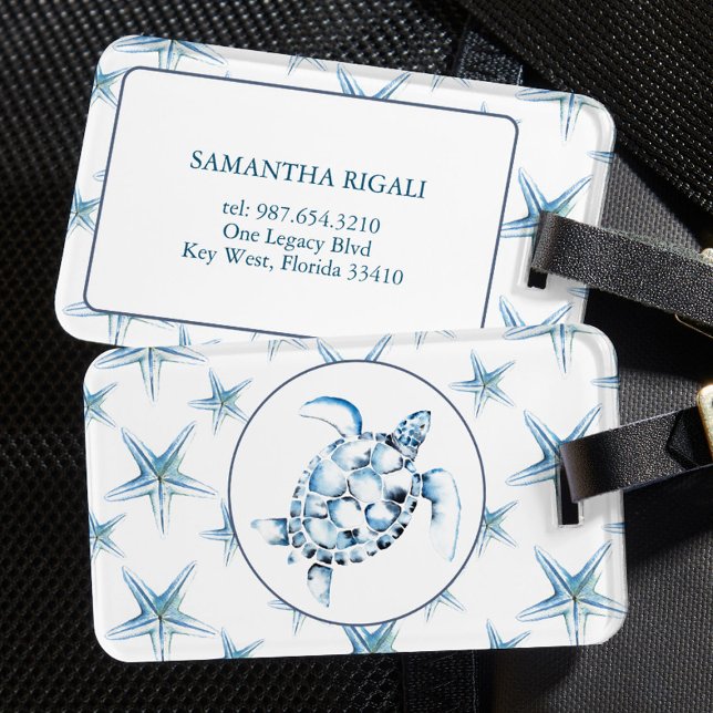 Étiquette À Bagage Tortue bleue et Starfish (Sea turtle and starfish luggage tags feature unique watercolor art by Victoria Grigaliunas)