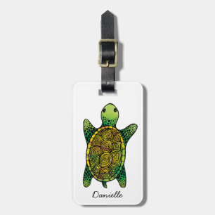 Étiquette À Bagage Tortue dessinée Simpliste Vert Aquarelle