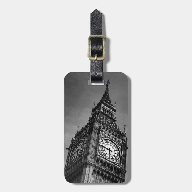 Étiquette À Bagage Tour d'horloge Big Ben noir et blanc (Devant Vertical)