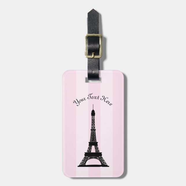 Étiquette À Bagage Tour Eiffel rose parisien chic de noir de rayure (Devant Vertical)
