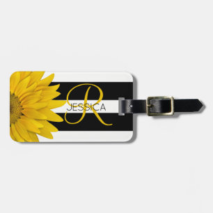 Étiquette À Bagage Tournesol jaune noir et rayures blanches décorées