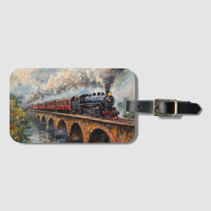 Étiquette À Bagage Train à vapeur sur un pont - Peinture à l'huile
