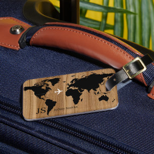 Étiquette À Bagage Travel Wood World Carte personnalisée