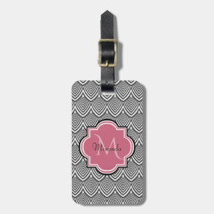Étiquette À Bagage Trendy Black Arched Scallops Pink Monogramme Nom