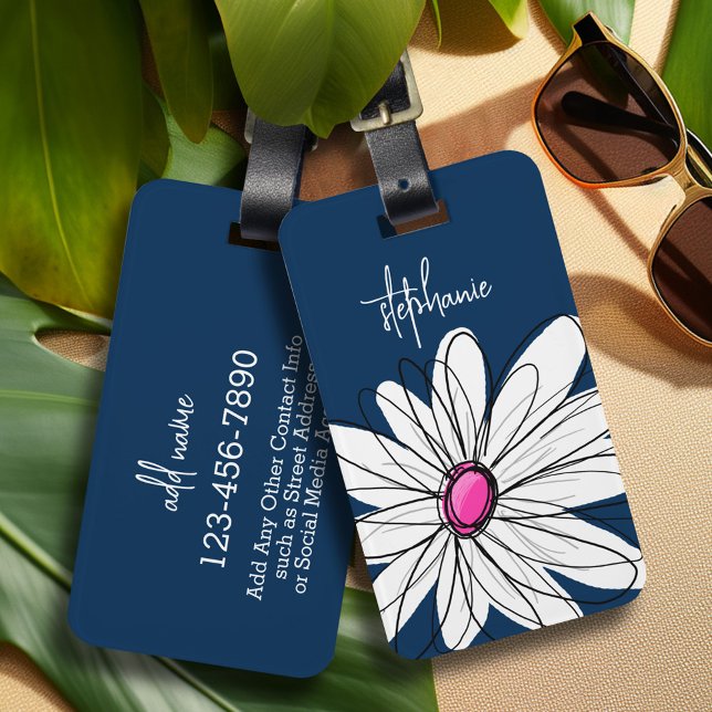 Étiquette À Bagage Trendy Daisy Floral Illustration - navy and pink (Whimsical Daisy personalized luggage tag)