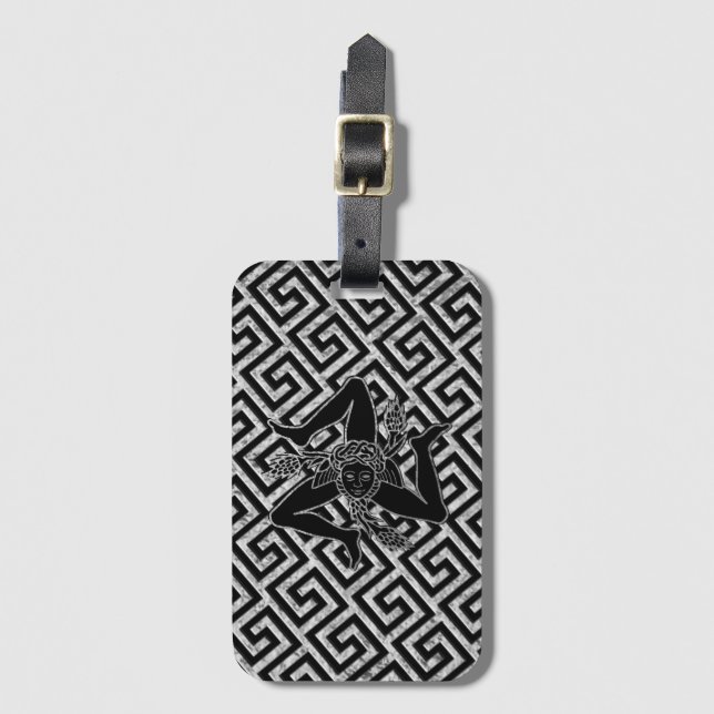 Étiquette À Bagage Trinacria sicilien en noir et argent (Devant Vertical)