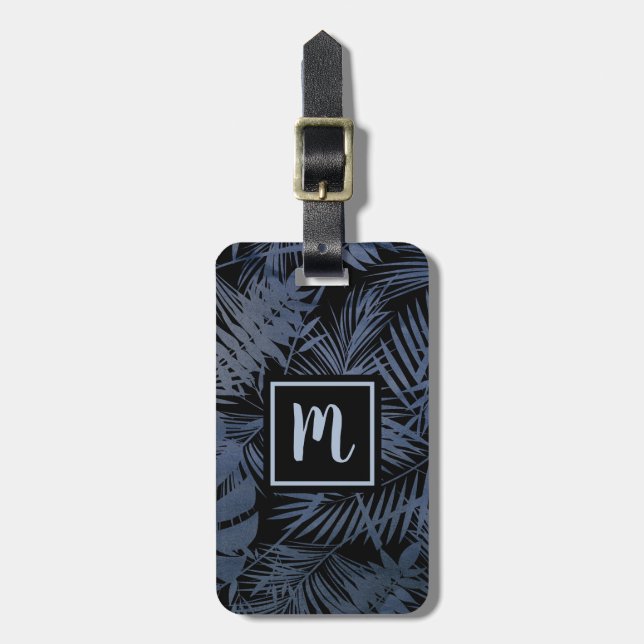 Étiquette À Bagage Tropical bleu marine feuille de palme monogramme m (Devant Vertical)