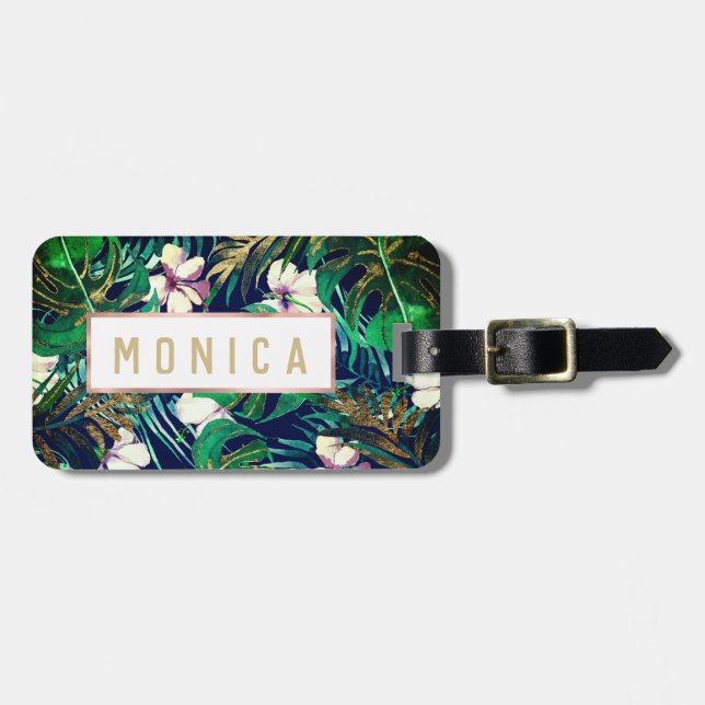 Étiquette À Bagage Tropical Green Lilac Gold Monster Feuille Floral (Devant horizontal)