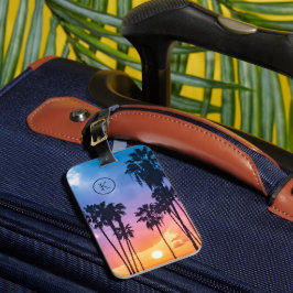 Étiquette À Bagage Tropical Rainbow Color Palm Tree Sunset Monogram