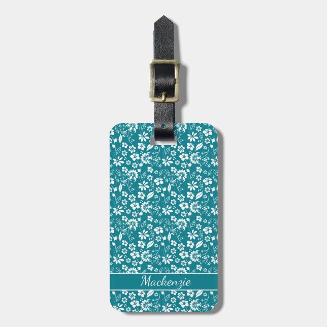 Étiquette À Bagage Tropical Turquoise Turquoise Bleu Floral (Devant Vertical)