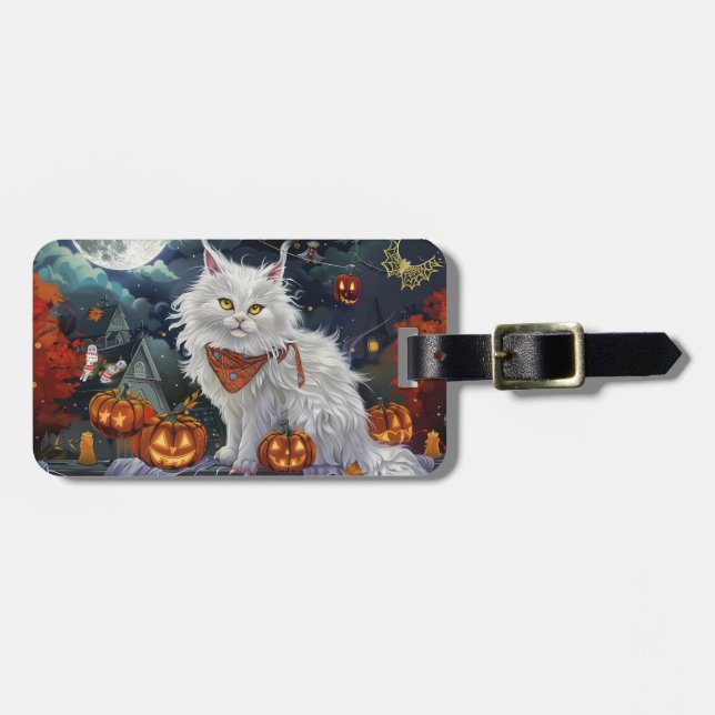 Étiquette À Bagage Turc Angora Chat Halloween Éffrayant (Devant horizontal)