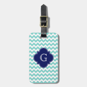 Étiquette À Bagage Turq / Aqua Wht Chevron Navy Quatrefoil Monogramme