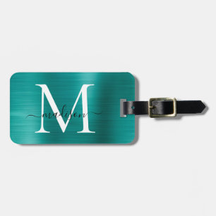 Étiquette À Bagage Turquoise Aqua Vert brossé métal Script Monogramme